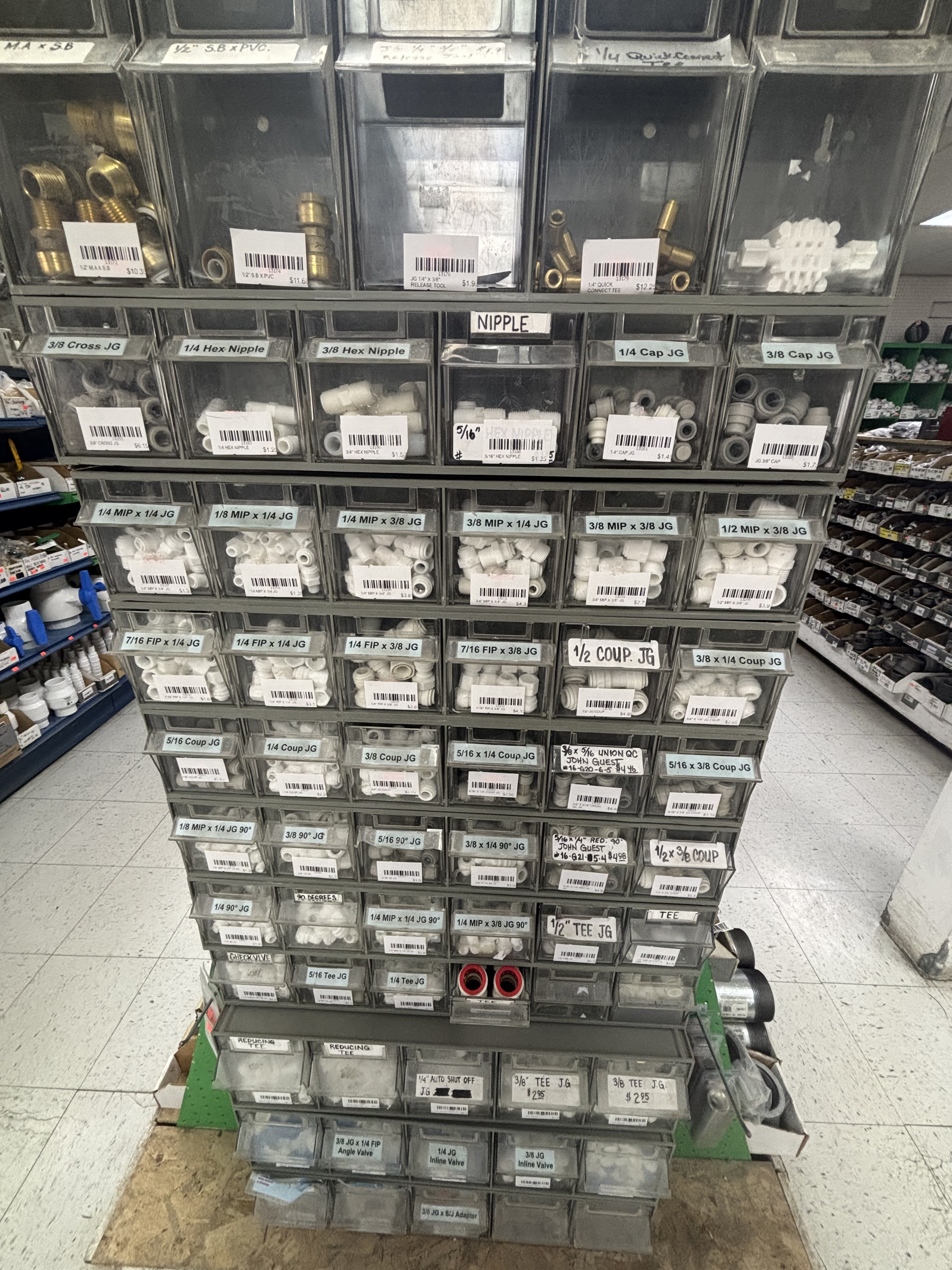 Pipe fittings organized by size and type